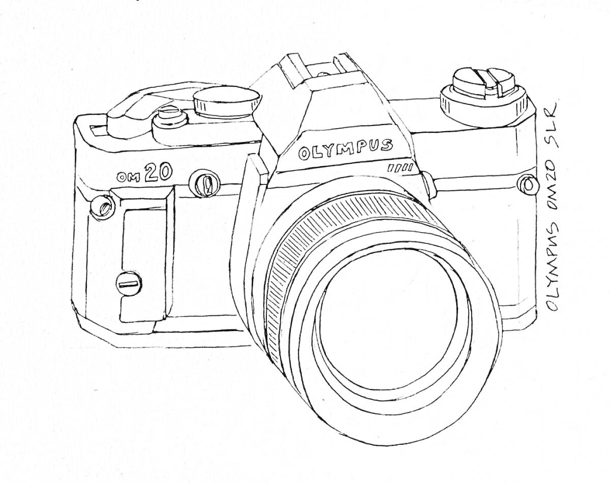 Раскраска фотоаппарат Olympus OM20 SLR с объективом и элементами управления