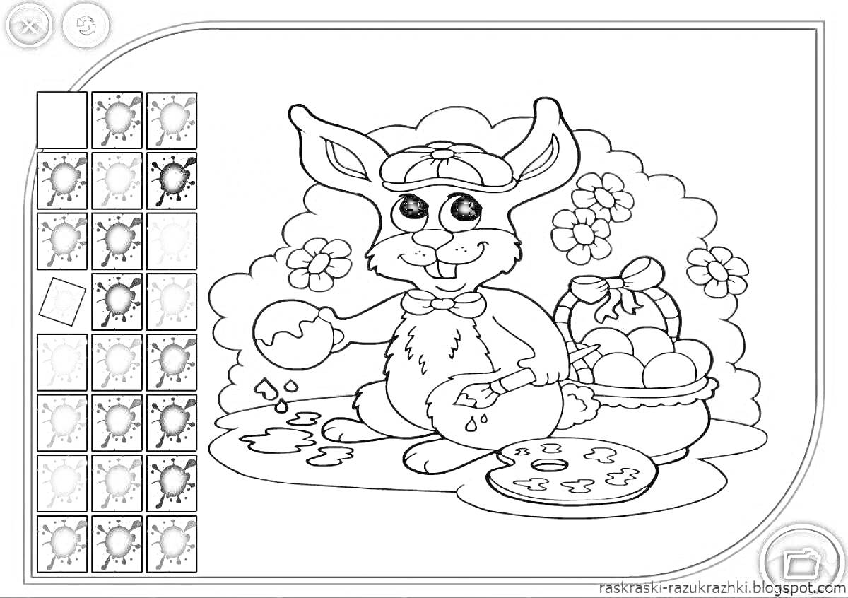 На раскраске изображено: Кролик, Корзина, Яйца, Цветы, Игра, Пасха, Для детей, Кисточки