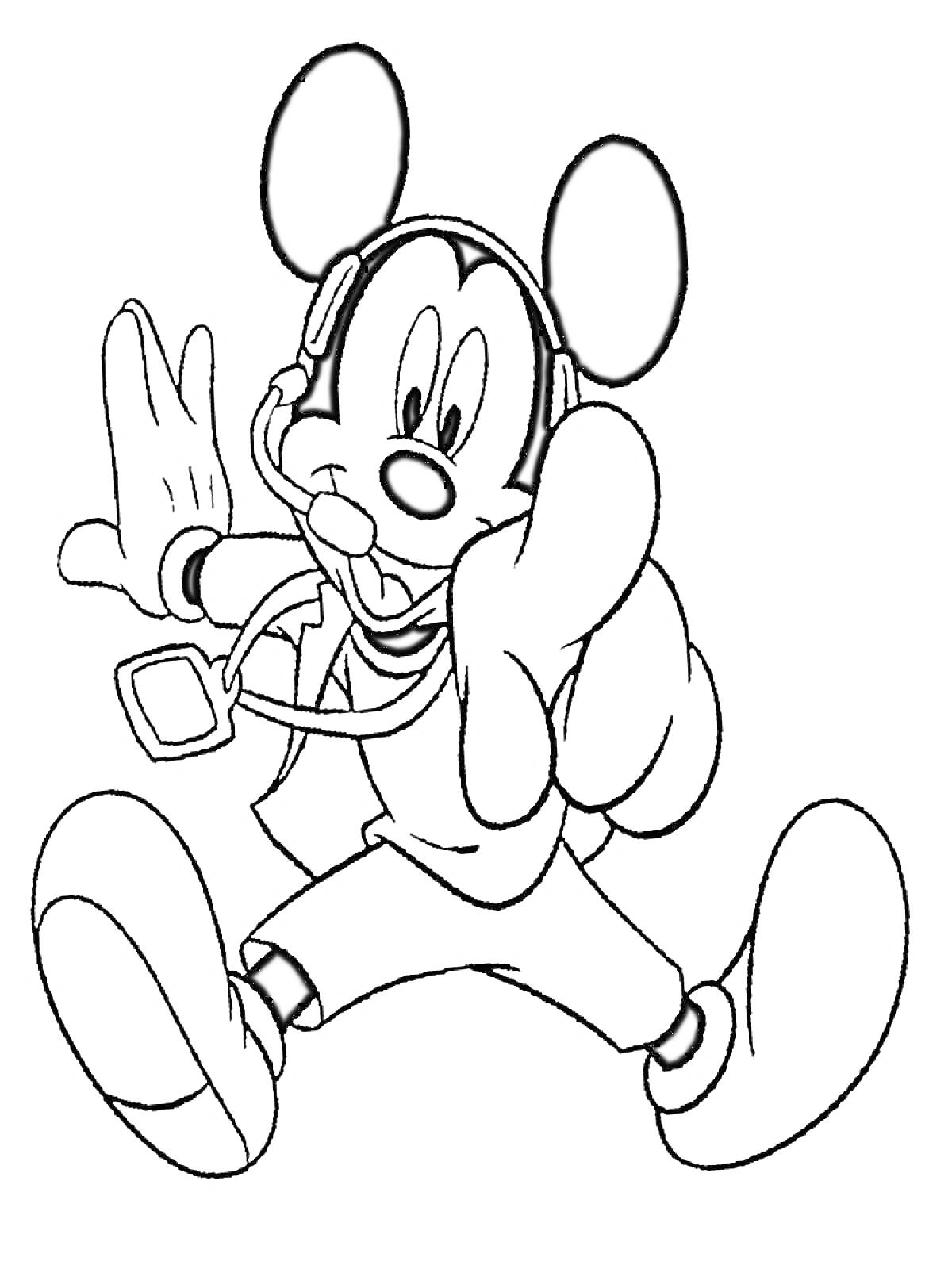 Раскраска Микки Маус с гарнитурой, в пиджаке, в кроссовках, показывает указательным пальцем