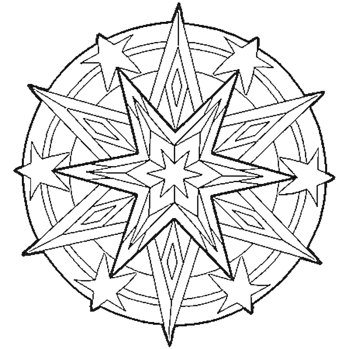 На раскраске изображено: Рождественская звезда, Геометрические узоры, Звезды, Круглая форма