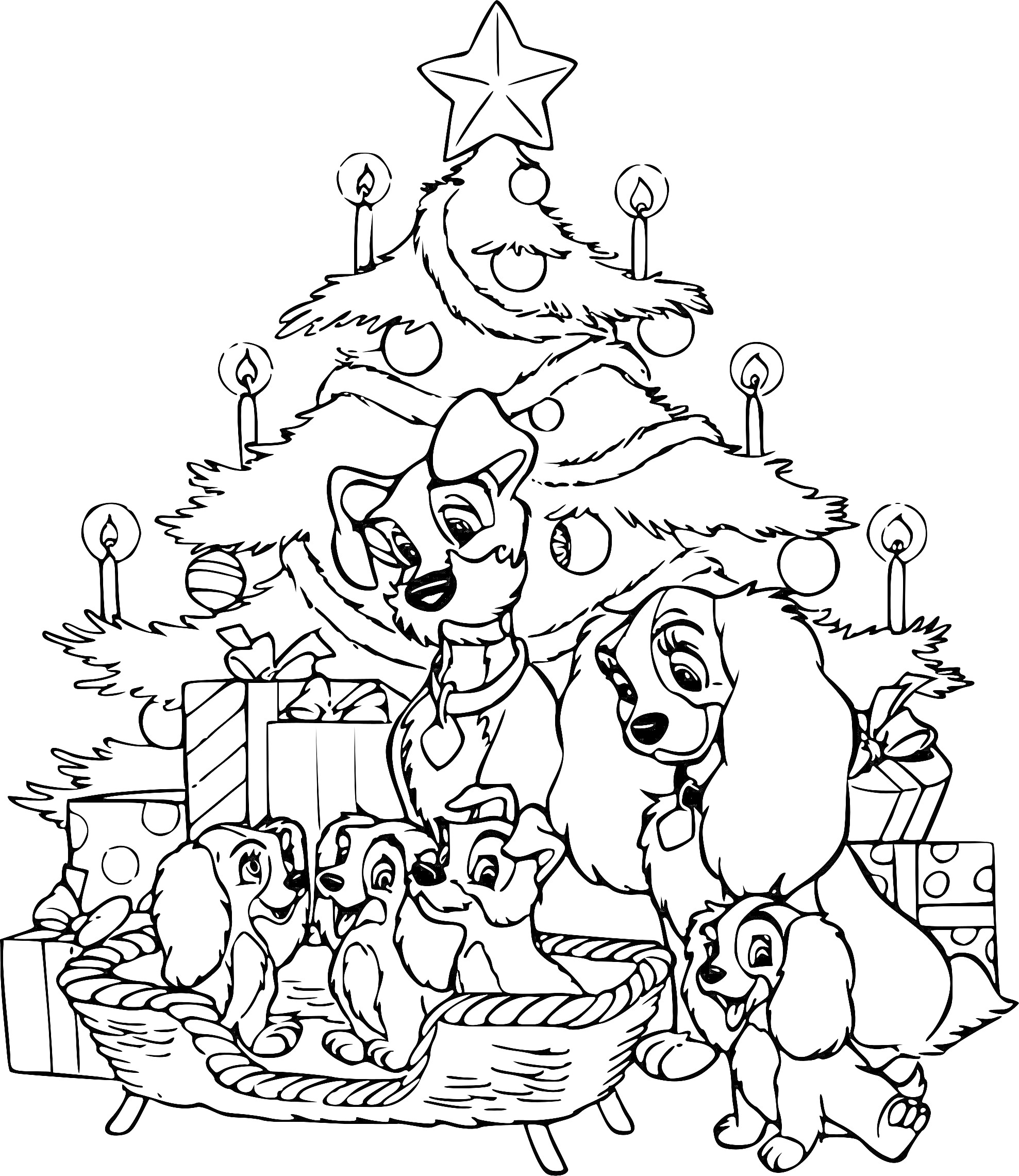 Раскраска Щенки в корзине с родителями перед новогодней ёлкой с подарками