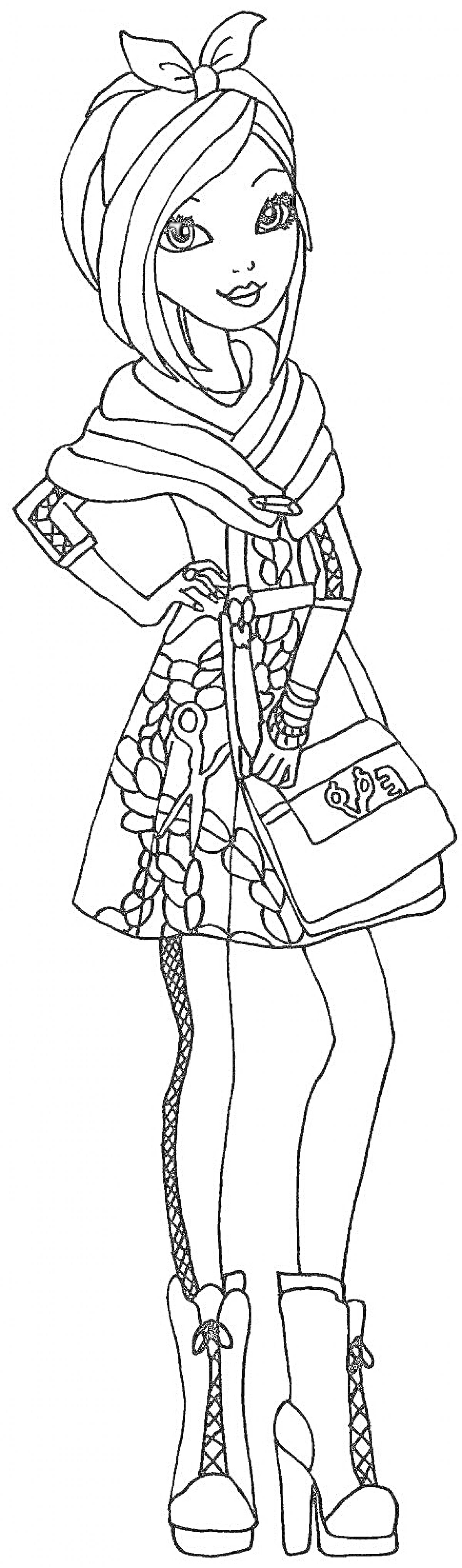 Раскраска Девушка в платке и платье с цветочным узором, с сумкой через плечо и в высоких ботинках на каблуке