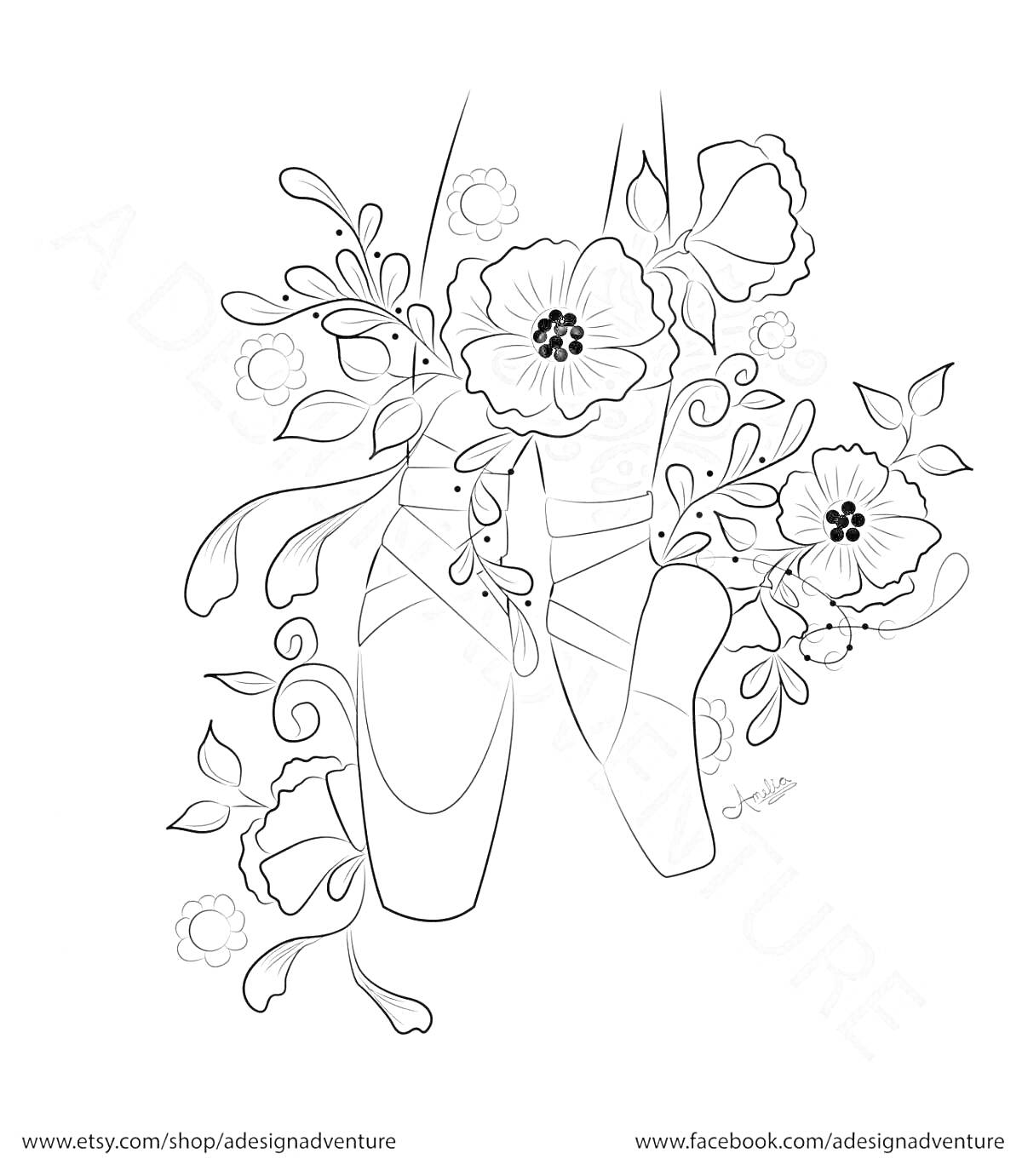 На раскраске изображено: Пуанты, Балет, Цветы, Листья, Искусство, Ботаника
