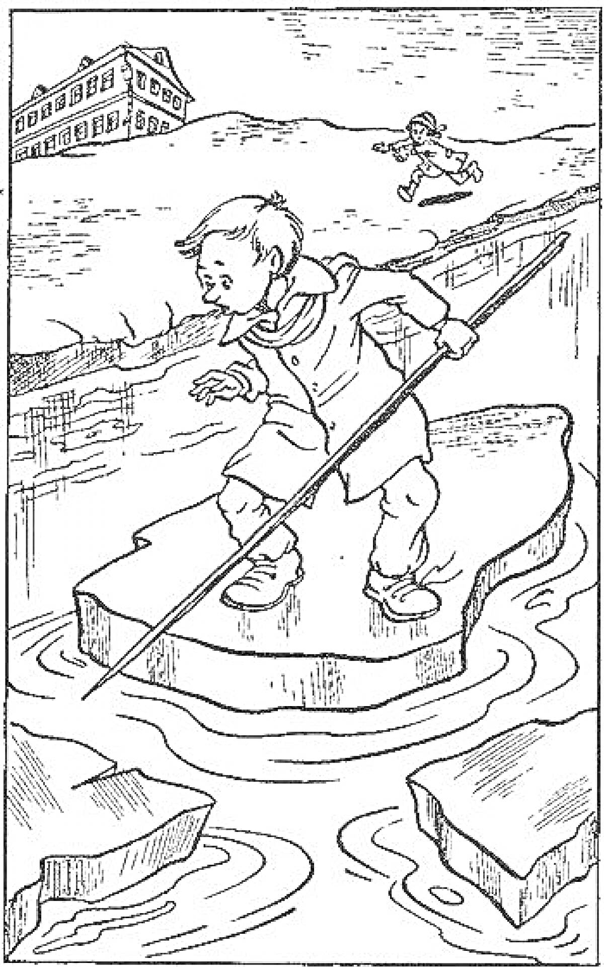 Раскраска Мальчик на льдине с палкой, вдали человек на берегу, здание на заднем плане