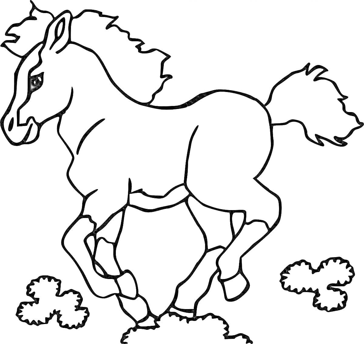 Раскраска Лошадь, скачущая среди кустов
