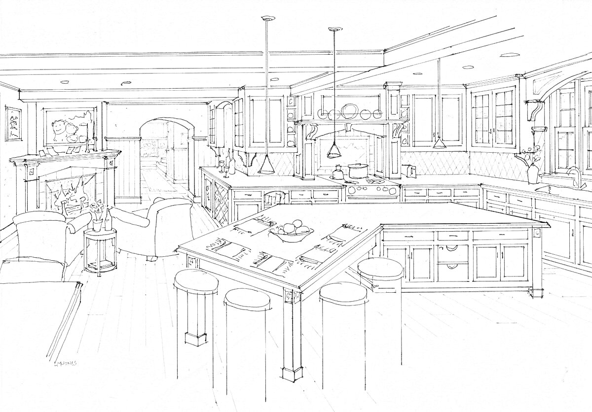 Раскраска Кухонный интерьер с островом, барными стульями и камином