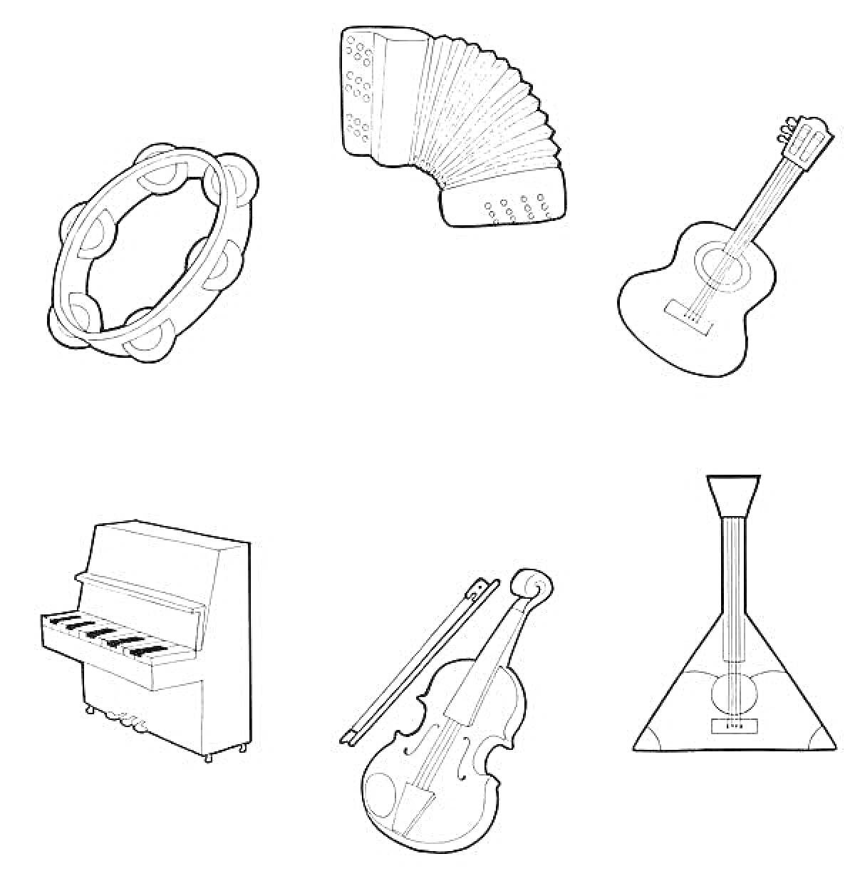 На раскраске изображено: Бубен, Баян, Гитара, Пианино, Скрипка, Смычок, Балалайка, Музыкальные инструменты, Творчество