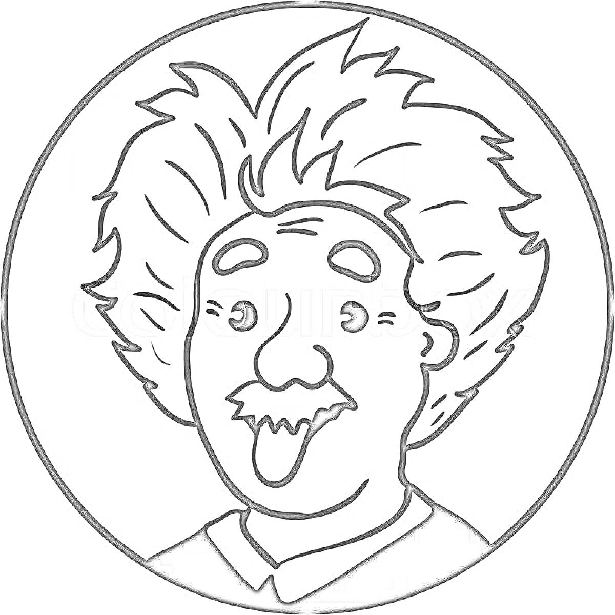 Раскраска мужчина с усами и растрепанными волосами в круге, показывающий язык
