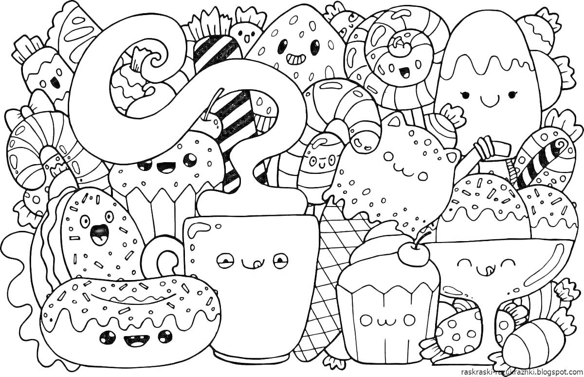 Раскраска Веселая компания еды: круассаны, кекс, мороженое, круассан, хот-дог, вафелька, напиток, сладости, трубочка, леденец