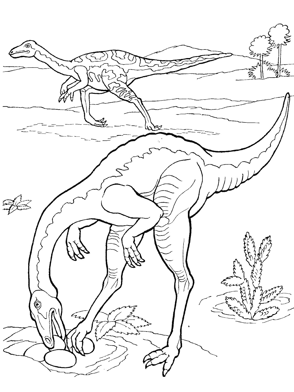 Раскраска Два динозавра, один из них кормится яйцами, растения, деревья на заднем плане