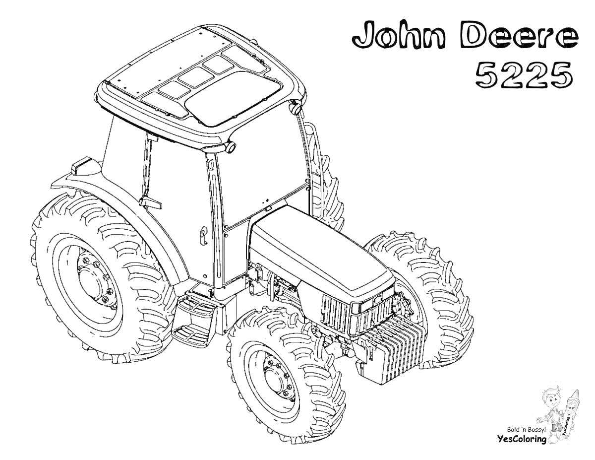 На раскраске изображено: Трактор, John Deere, Сельское хозяйство, Техника, Большие колеса, Сельскохозяйственная техника