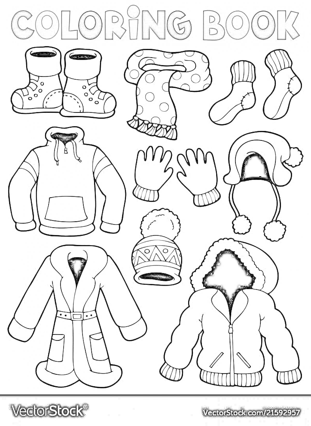 На раскраске изображено: Зимняя одежда, Обувь, Перчатки, Шапка, Шарф, Куртка, Пальто, Капюшон, Мех, Варежка