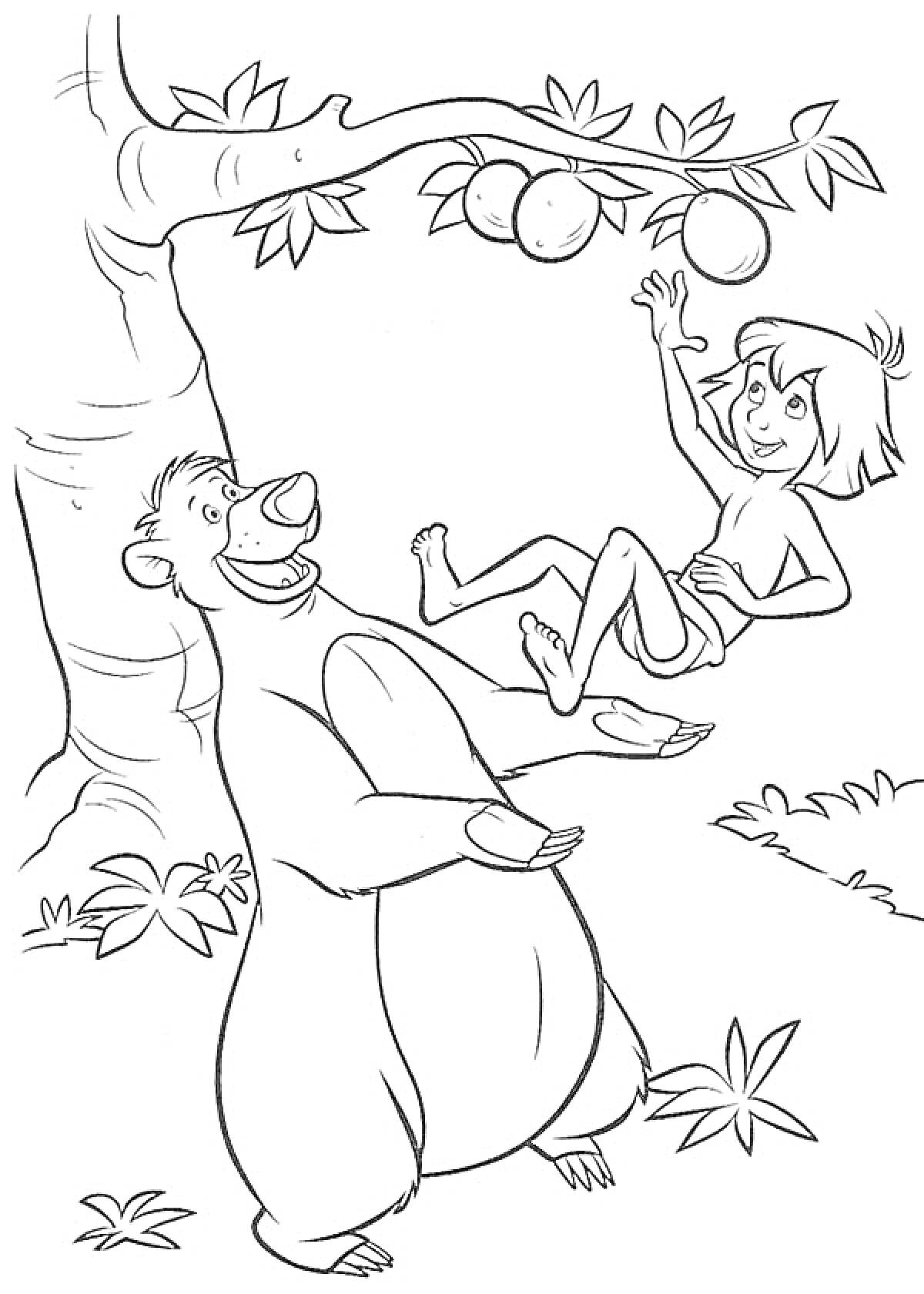 Мальчик на руках медведя под деревом с фруктами в джунглях