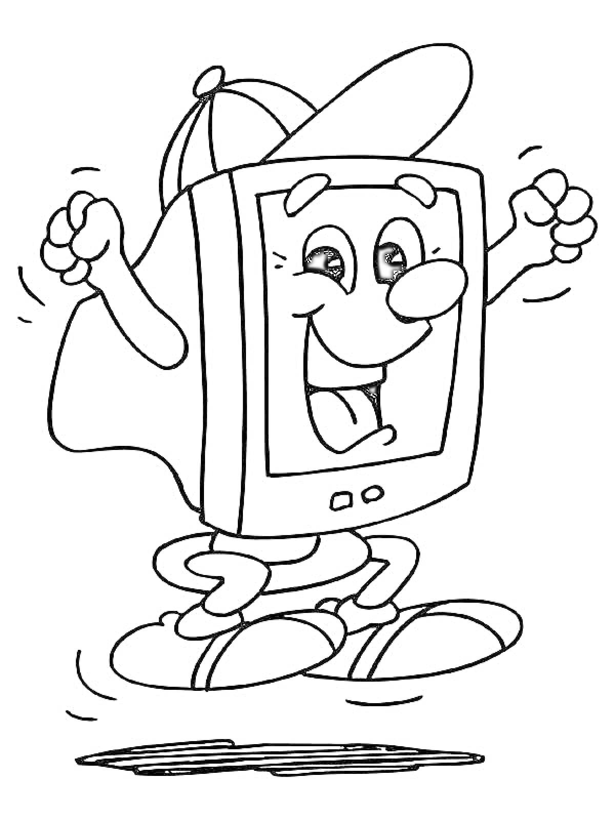 Раскраска Компьютер в виде мультяшного персонажа с руками и ногами в кепке