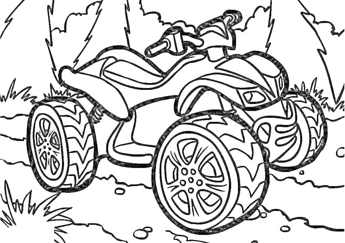 Раскраска квадроцикл на дороге в лесу с деревьями на заднем плане и травой по бокам