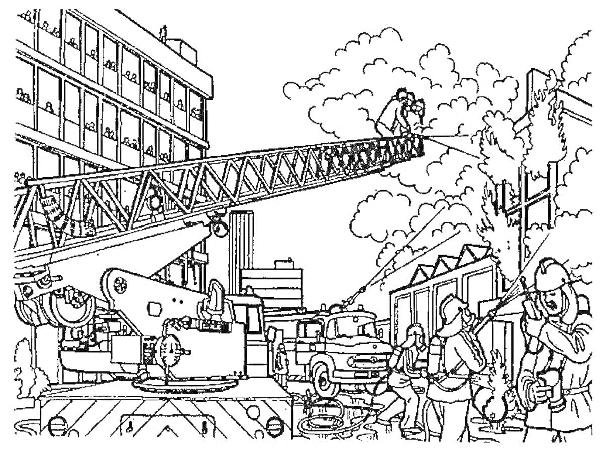 Раскраска Пожарные тушат пожар в здании с помощью пожарной машины и специального оборудования, внутри города