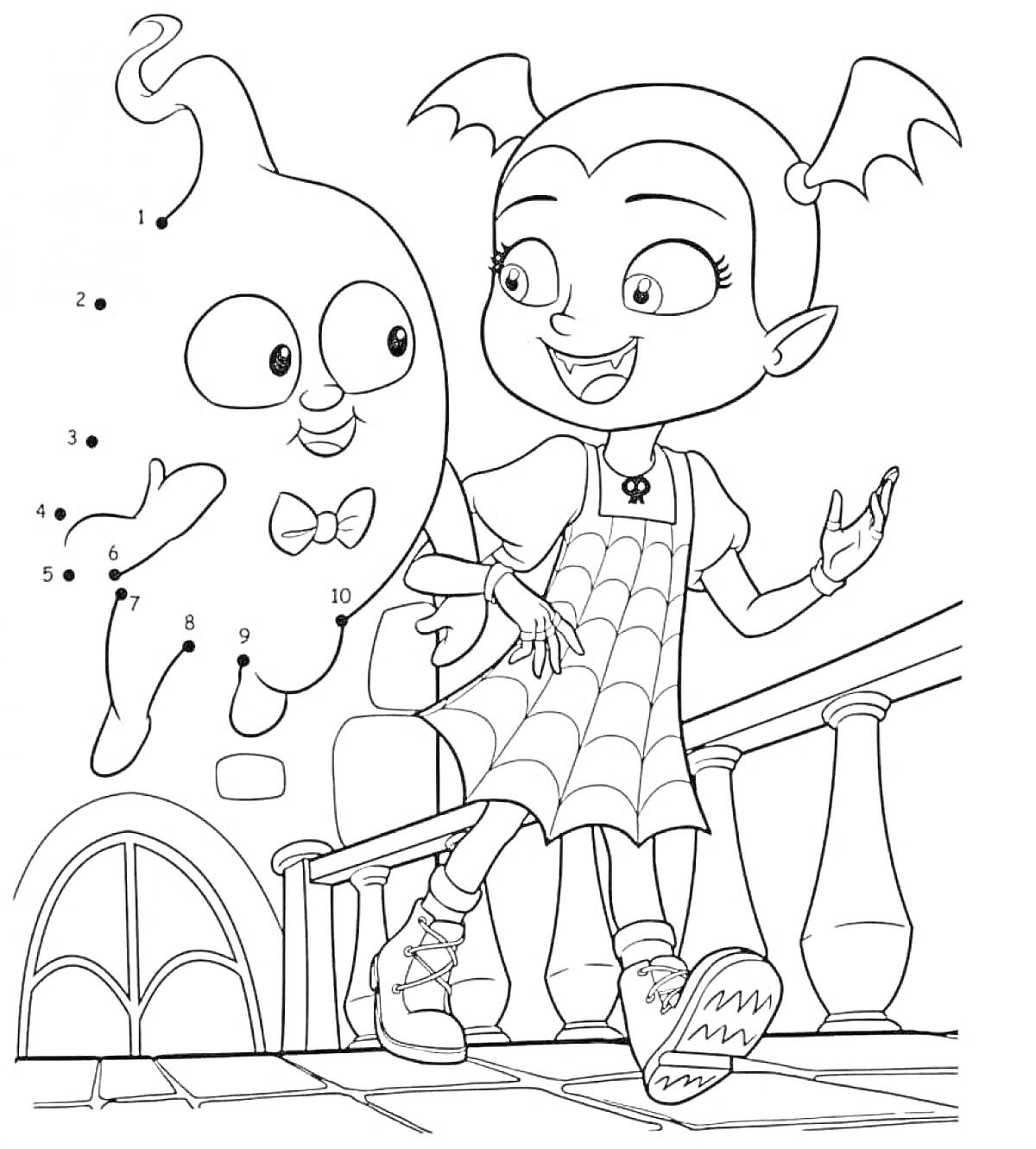 Раскраска Девочка-вампир и призрак на балконе