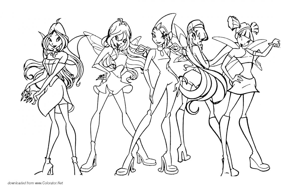 Раскраска группа фантазийных персонажей с крыльями, феички в стильных нарядах, пять девушек разного облика