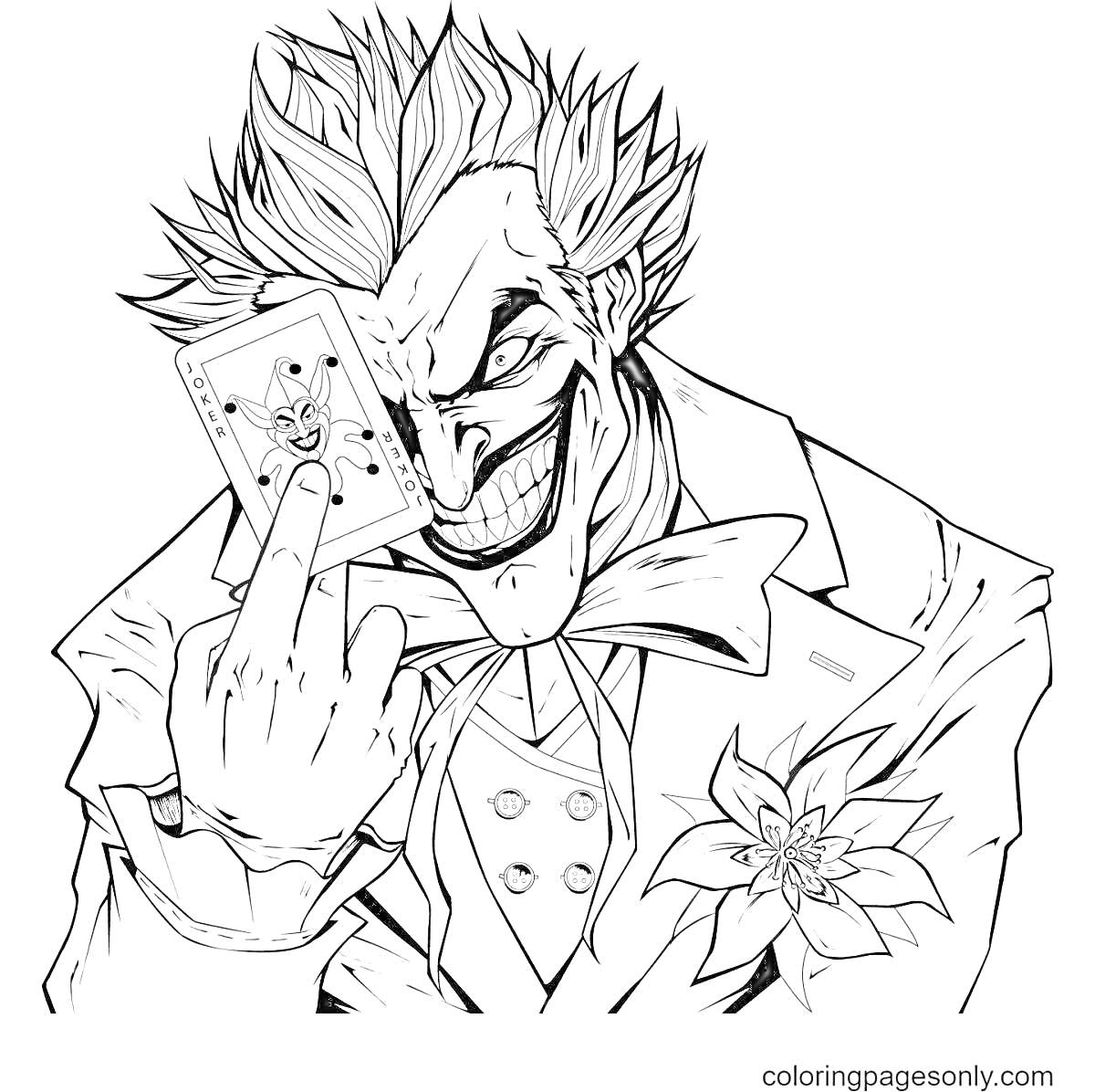 Раскраска Джокер с картой в руке, с цветком на лацкане пиджака