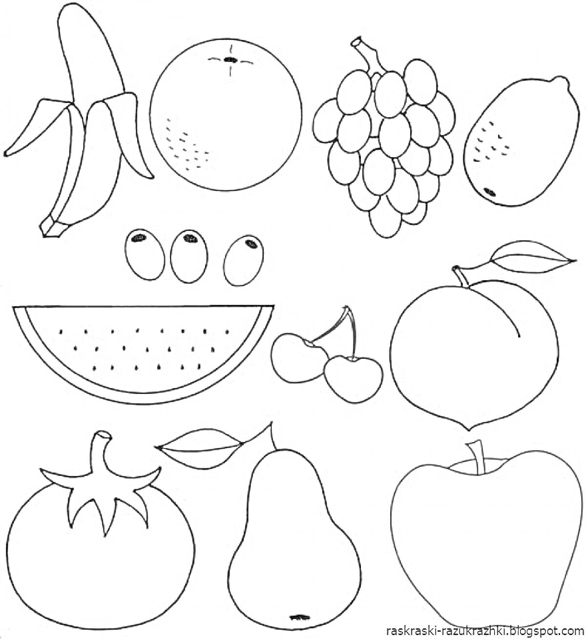 раскраска с фруктами и овощами - банан, апельсин, виноград, манго, три ягоды (возможно, черники), арбуз, две вишенки, персик, помидор, листок, груша, яблоко