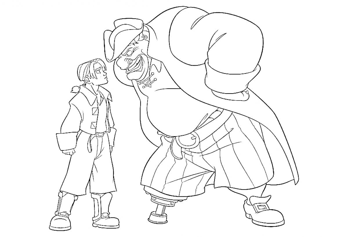 Два одетых персонажа, один высокий и мускулистый пират с треуголкой и деревянной ногой, другой молодой человек в форме