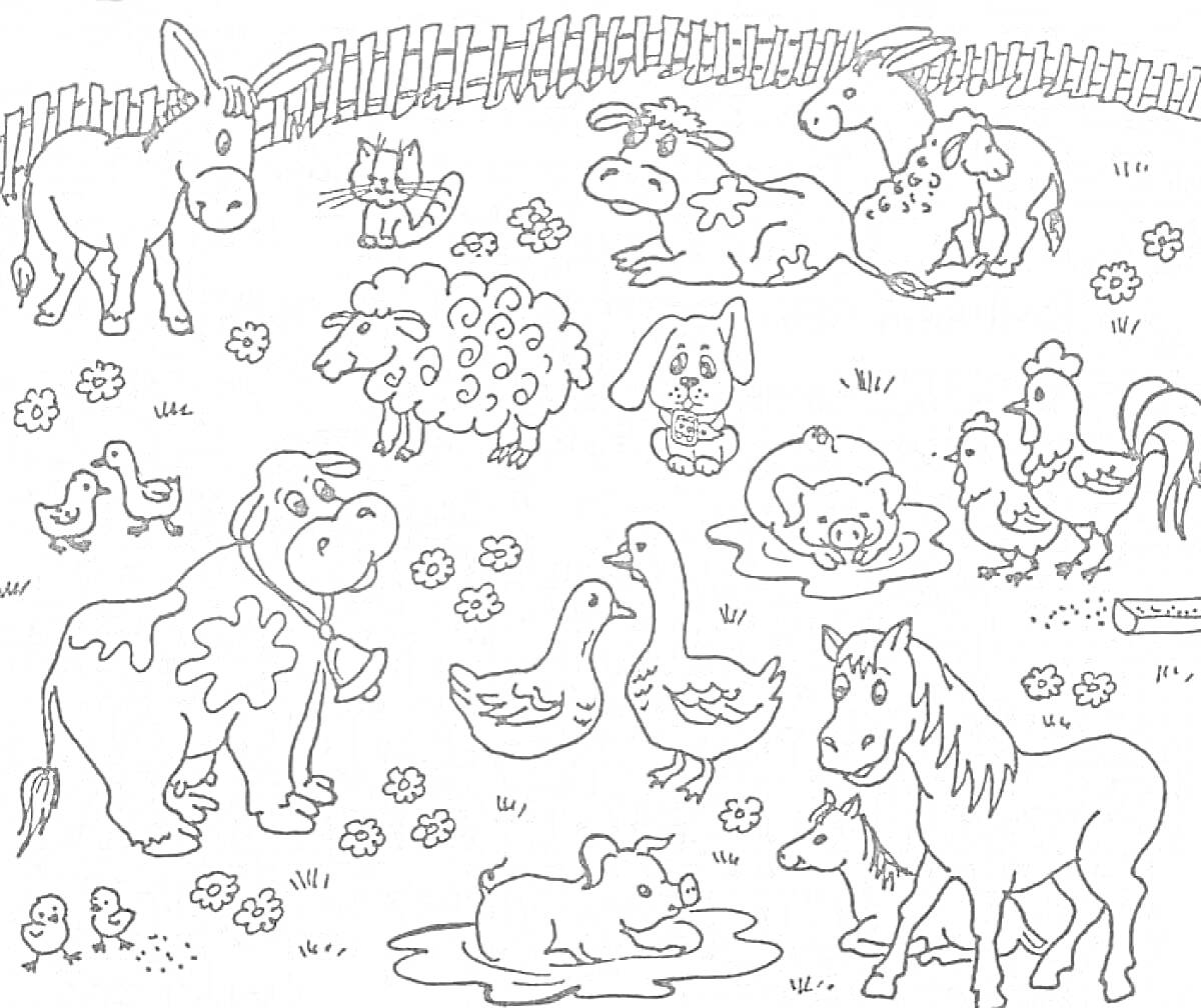 Раскраска Животные на ферме (ослик, кот, корова, овца, собака, утки, перепела, петух, гусь, лошадь, поросёнок)