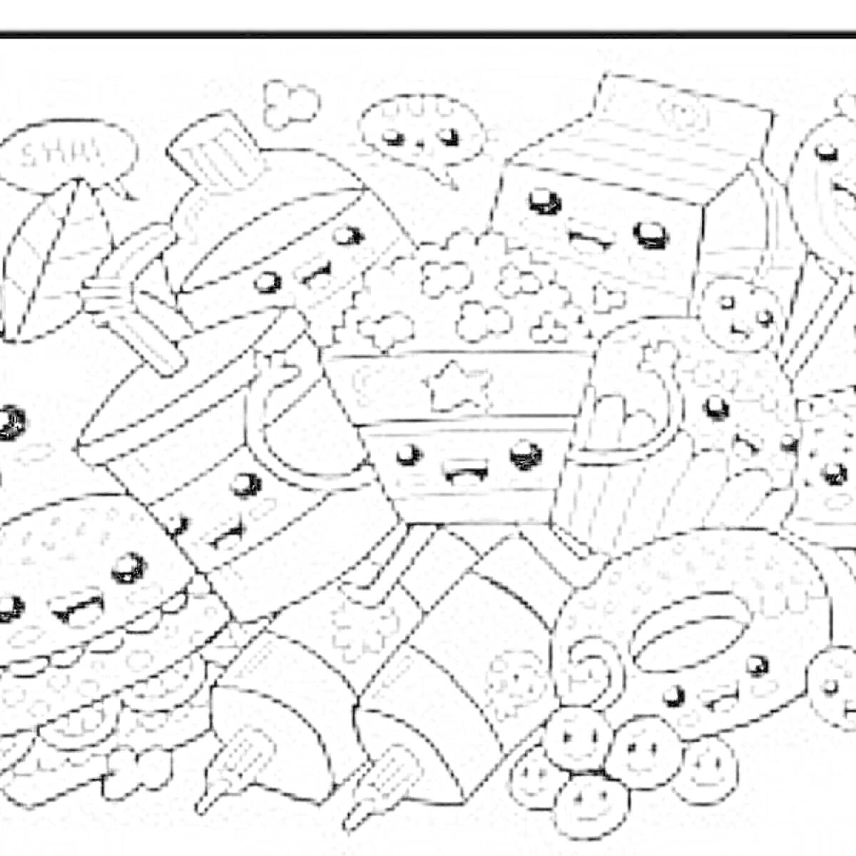 Раскраска гамбургер, пончик, мороженое, картофель фри, пакет молока, стакан с соком, попкорн, два флакона с соусом, чашка с паром, маффин, кусок торта, маленькие шавермочки, стакан с лапшой