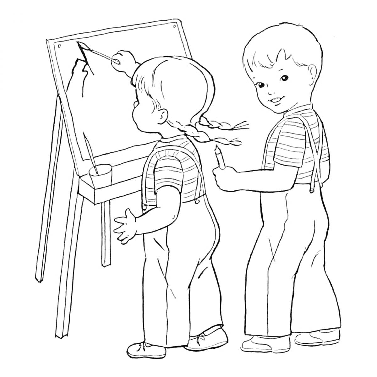 Раскраска Дети, рисующие на мольберте
