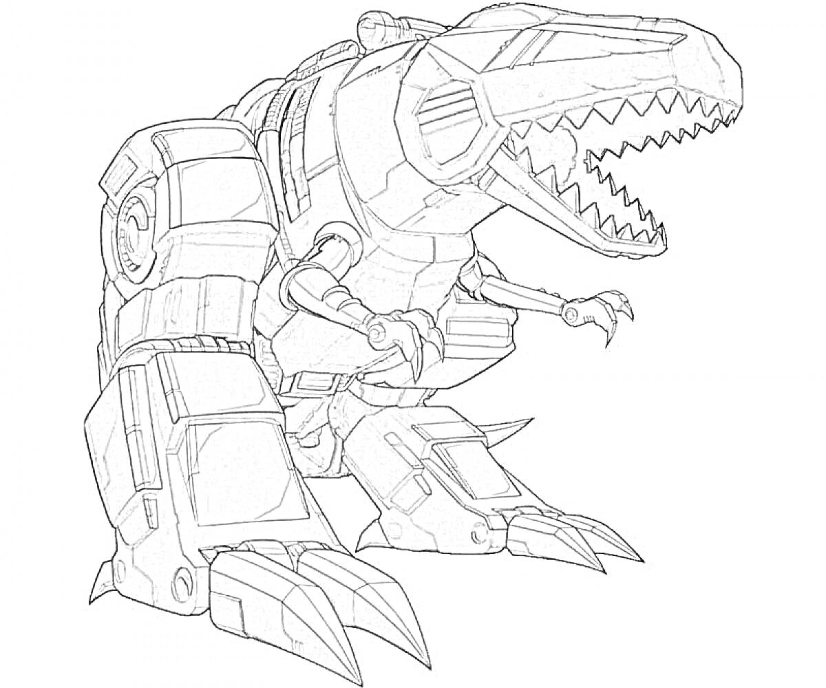 Раскраска Трансформер динозавр с раскрытой пастью и острыми зубами