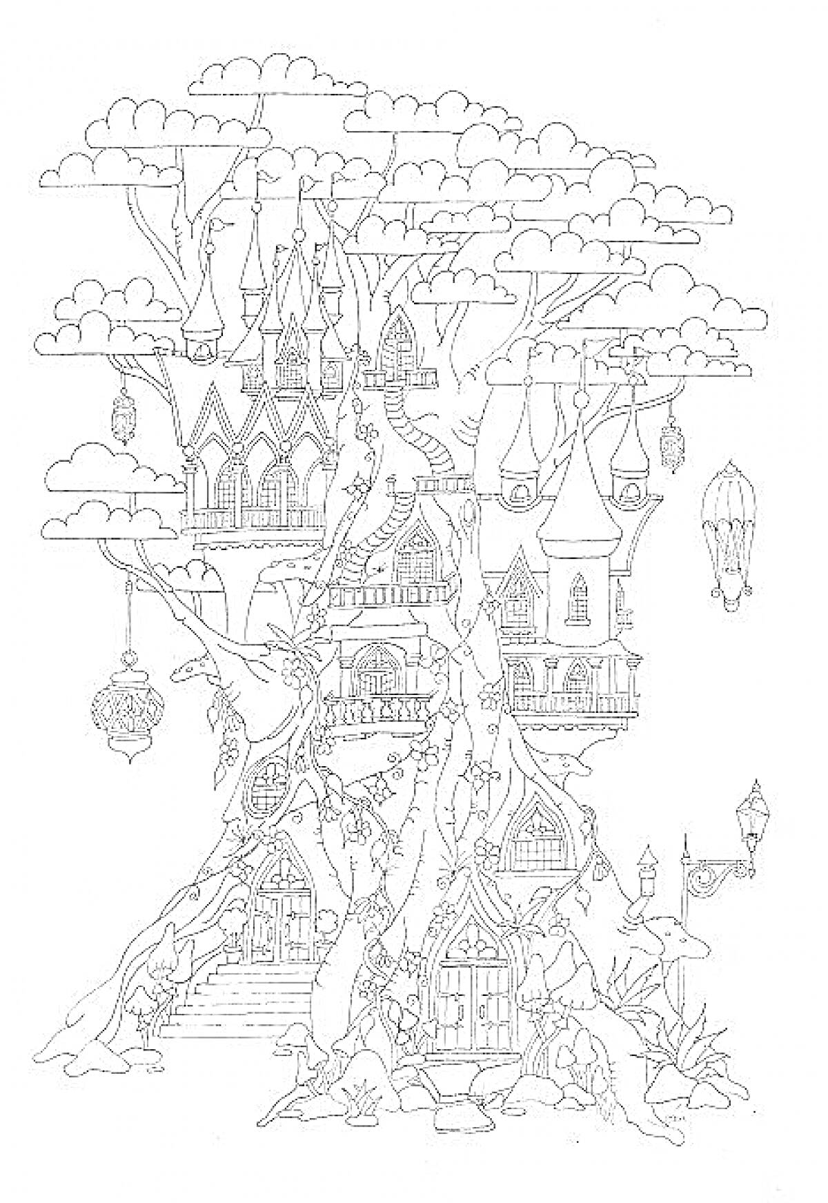 На раскраске изображено: Сказочный мир, Фонари, Магия, Светильники, Архитектура