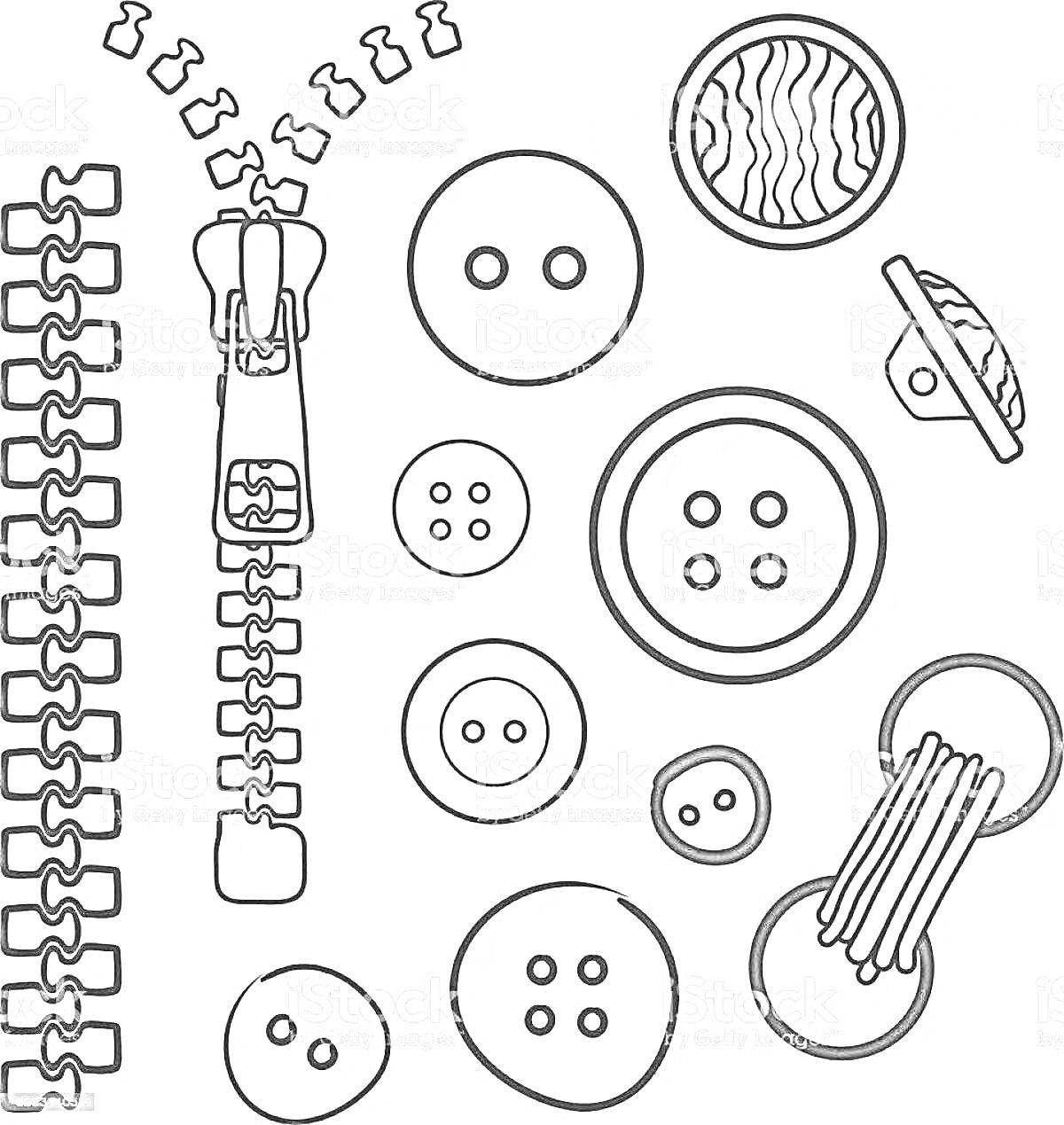 На раскраске изображено: Пуговицы, Молния, Четыре отверстия, Шитье, Рукоделие, Для детей