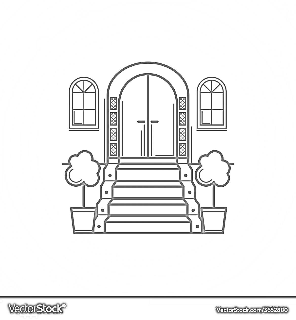 Раскраска Подъезд с дверью, ступенями, окнами и растениями в горшках