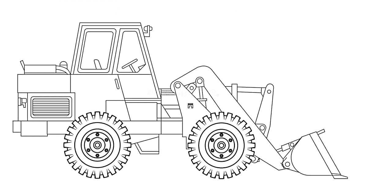 На раскраске изображено: Грейдер, Строительная техника, Ковш, Большие колеса