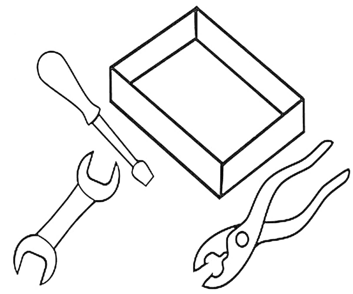 На раскраске изображено: Отвертка, Гаечный ключ, Плоскогубцы, Коробка