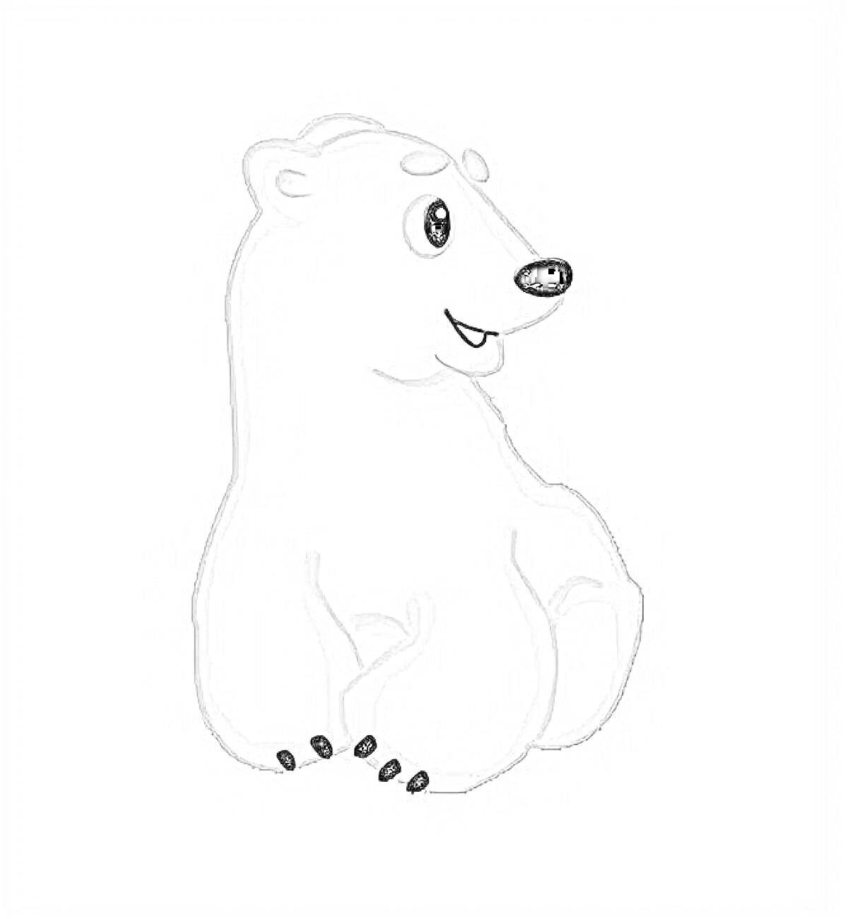 На раскраске изображено: Умка, Черный нос, Большие глаза, Сидящий медведь, Полярные медведи