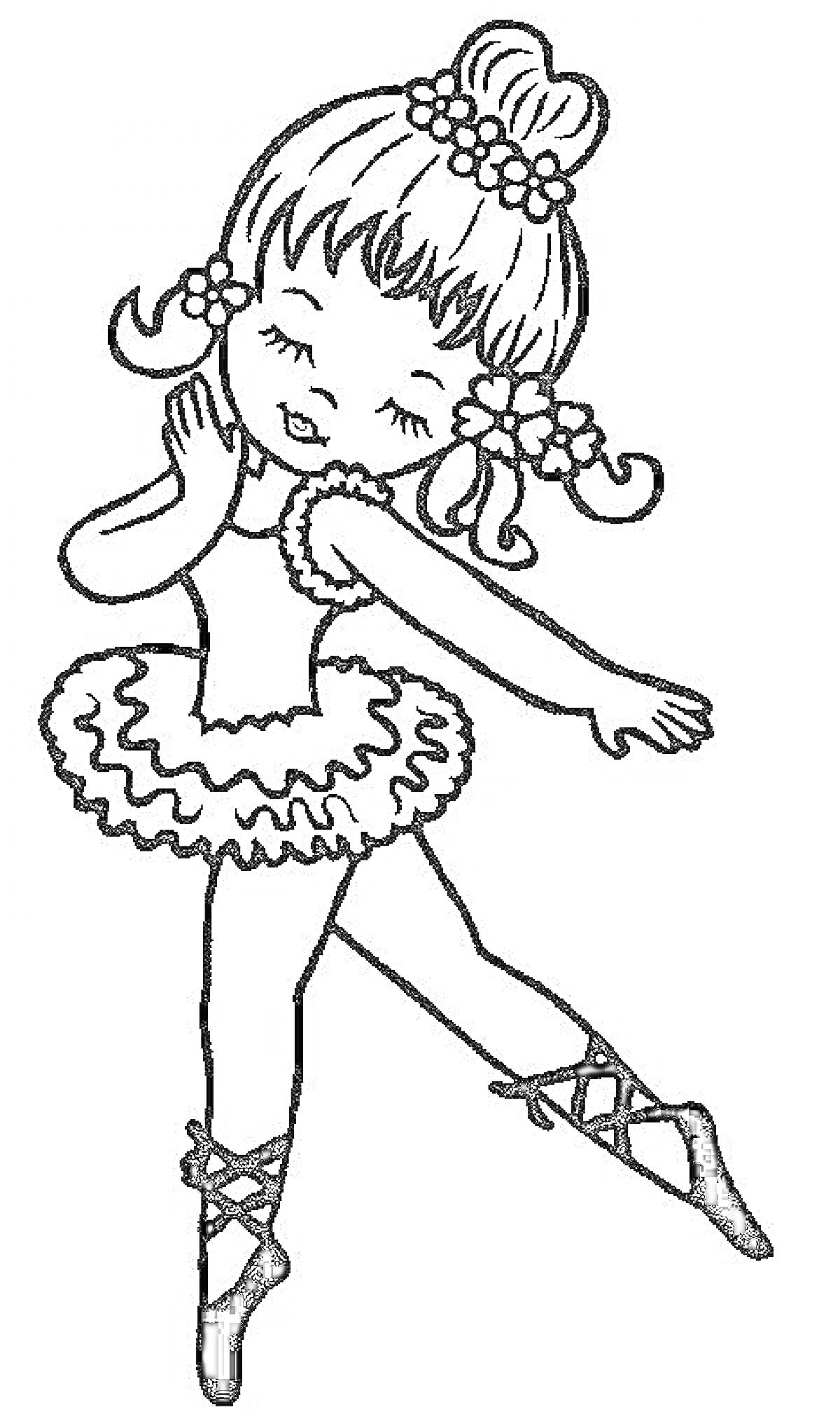 На раскраске изображено: Девочка, Танец, Балет, Платье, Оборки, Цветы, Волосы, Балерина