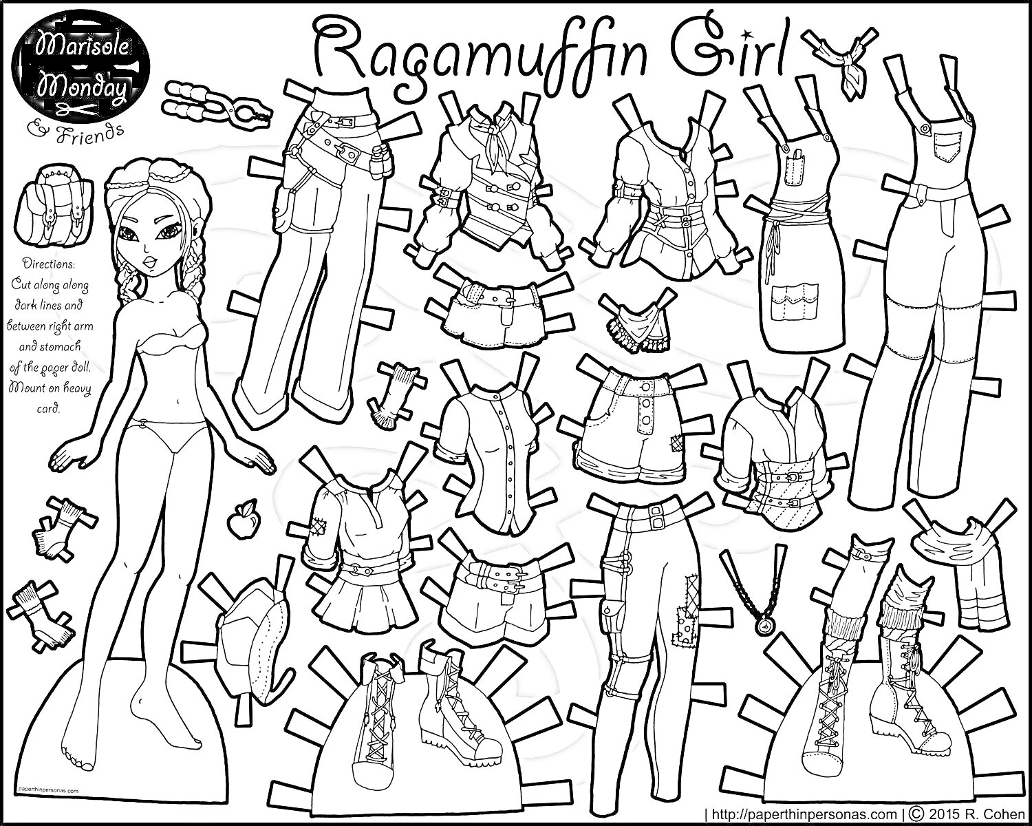 Раскраска Кукла с одеждой для вырезания: Ragamuffin Girl - бумажная кукла с комплектом одежды и аксессуаров