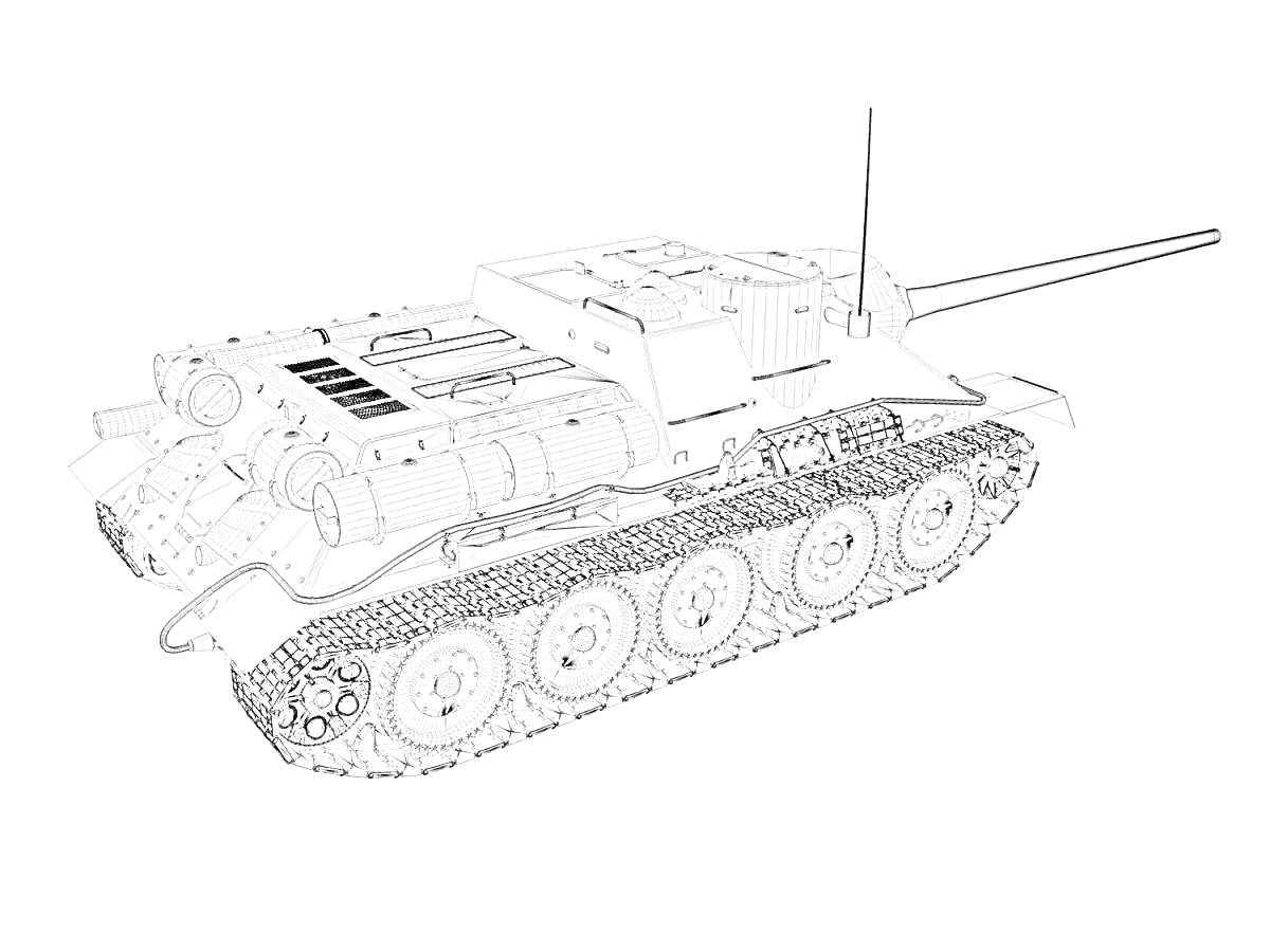 На раскраске изображено: Су-152, Танк, Гусеницы, Орудие, Антенны, Военная техника