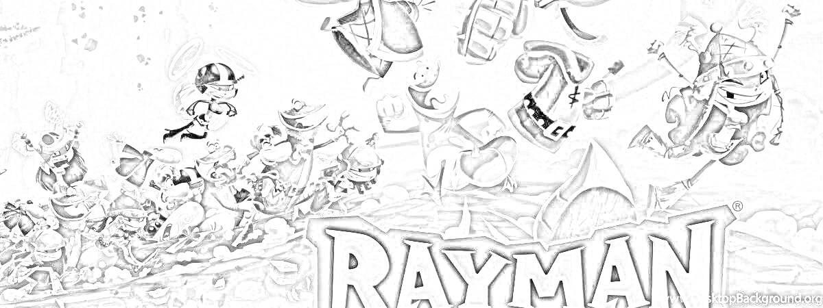 Раскраска Rayman Legends - группа персонажей, включая Рэя и других, сражающихся с врагами на фоне, большой текст 