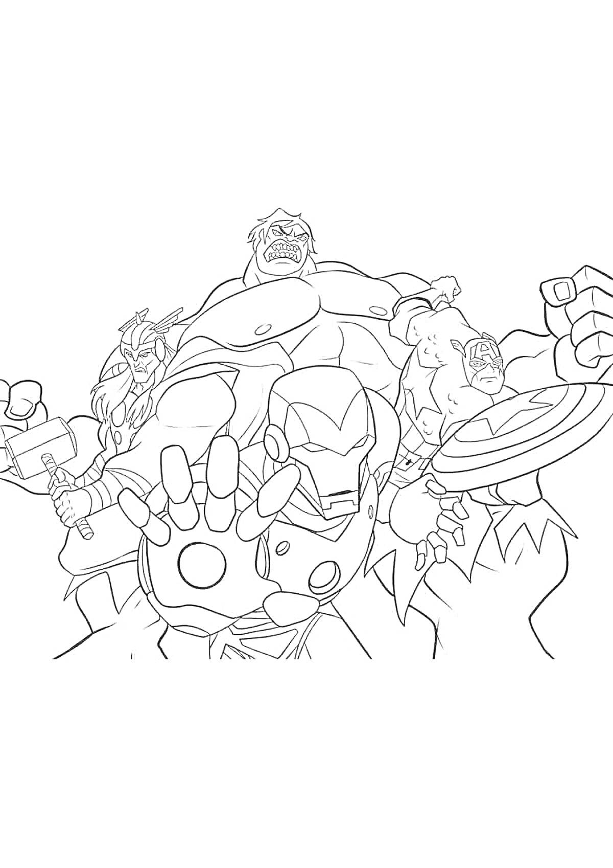 На раскраске изображено: Мстители, Супергерои, Капитан, Щит, Железный Человек, Гигант, Молот