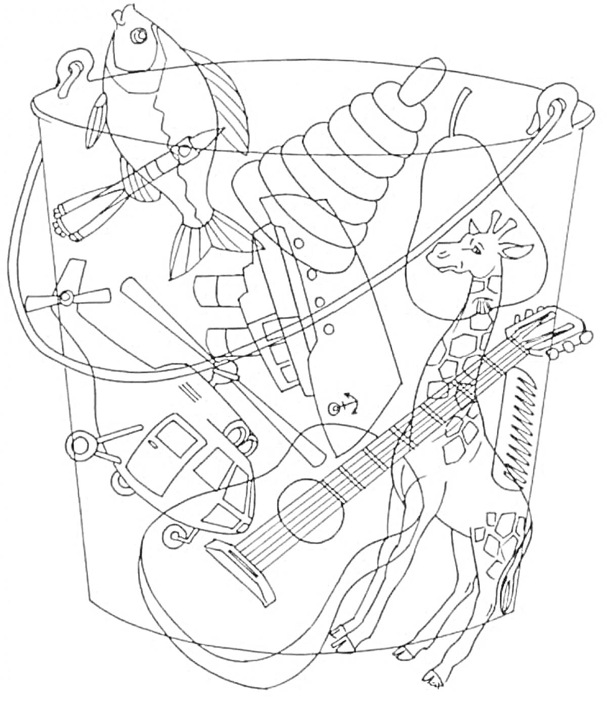 Раскраска Ведро с предметами: рыба, мороженое, утюг, гитара, жираф, вертолет, лопата, усы