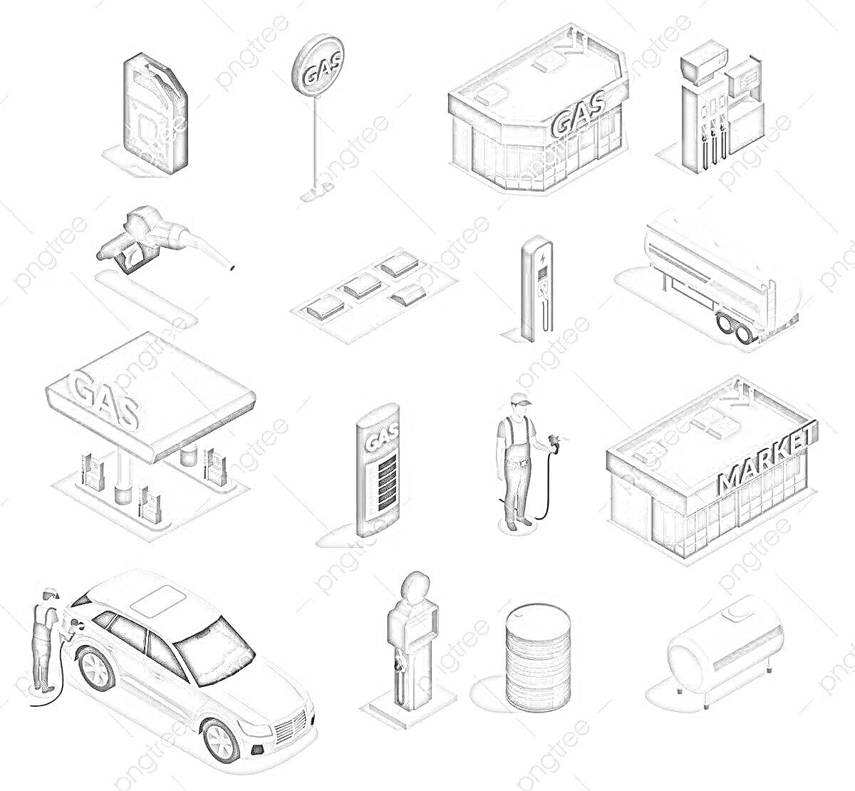 На раскраске изображено: Заправка, Сотрудник, Бензоколонка, Цистерна, Топливо, Магазин, Стоянка
