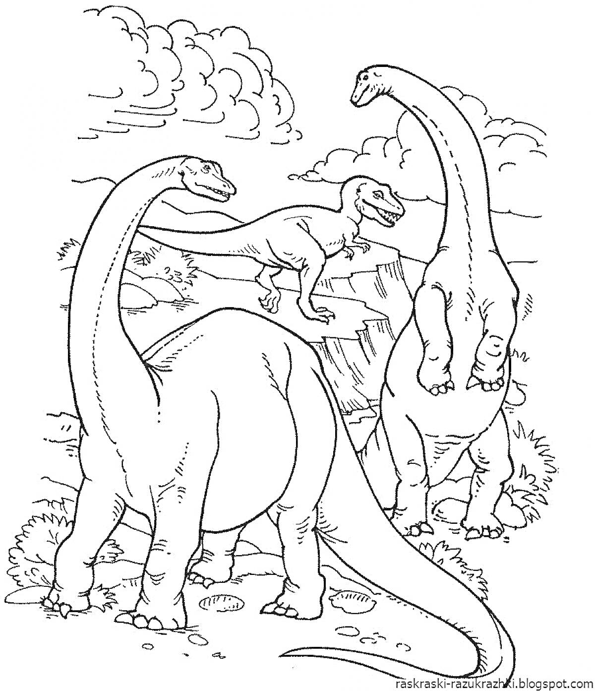 Раскраска Динозавры на фоне облаков и скал