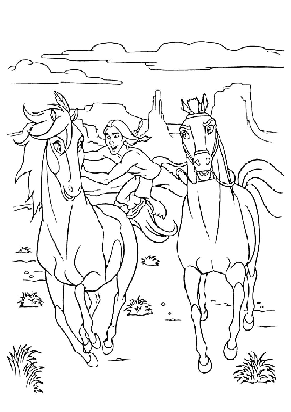 Раскраска Всадник на лошади и еще одна лошадь на фоне пустынного пейзажа с горами и облаками