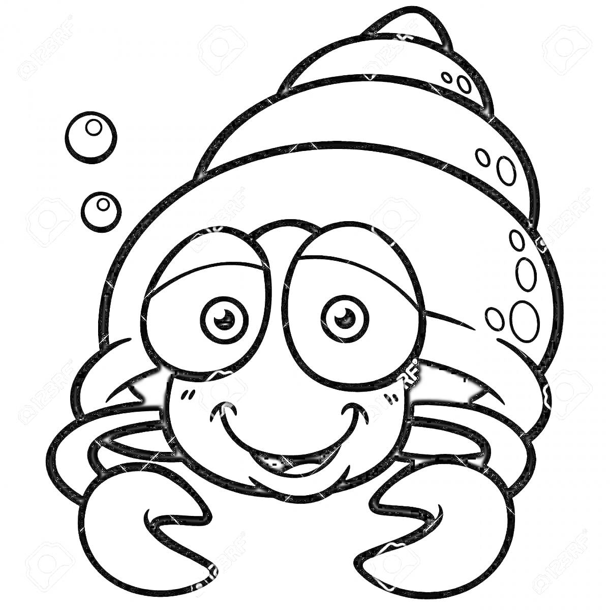 Раскраска Улыбающийся краб в раковине с пузырями