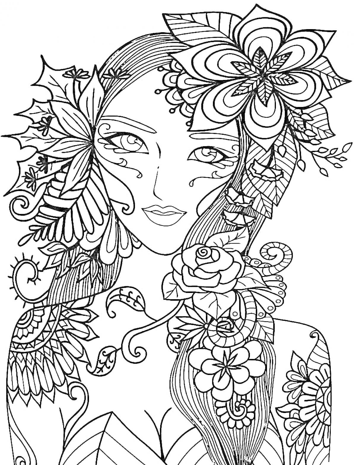 Раскраска Девушка с цветами и узорами
