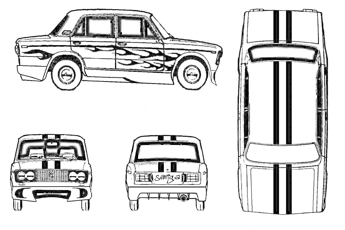 Раскраска ВАЗ 2106 с элементами: вид сбоку с огненными полосами, вид сверху с двойными полосами, передний и задний вид с полосами по центру.
