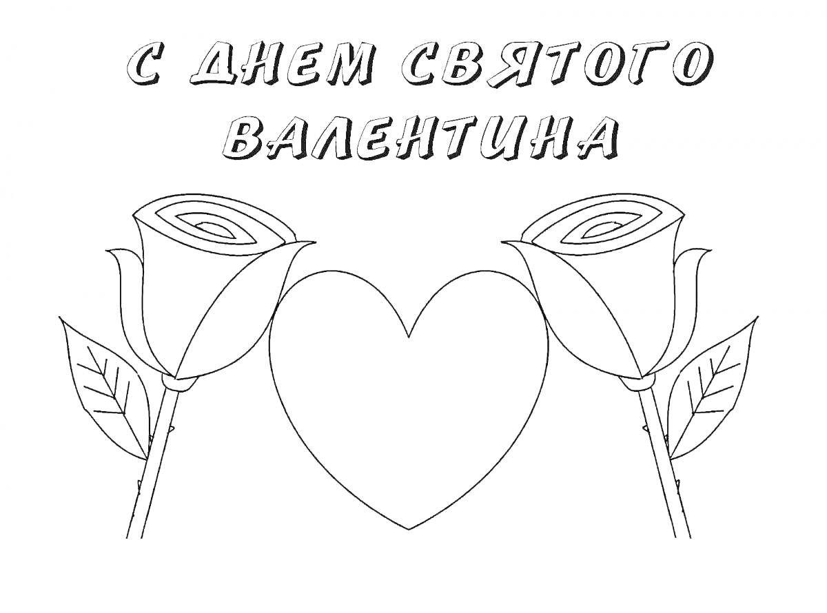 Раскраска открытка ко дню святого Валентина с двумя розами и сердцем