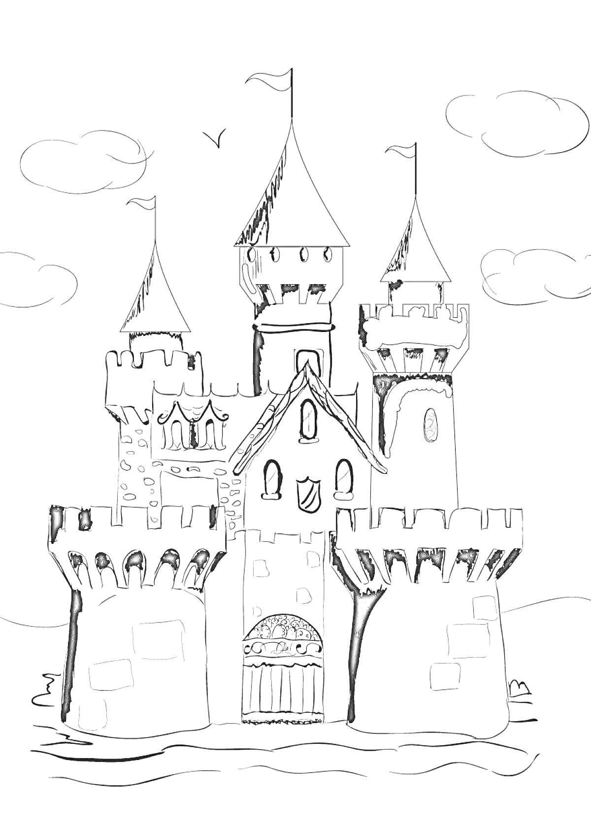 Раскраска Готический замок с башнями, зубчатыми стенами, флагами, окнами и воротами на фоне неба с облаками и птицами.