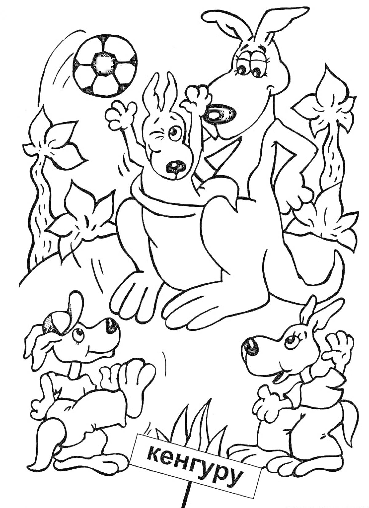 Раскраска Кенгуру с детенышем в сумке, другой кенгуру с мячом, щенок с кепкой, деревья и листья, табличка 